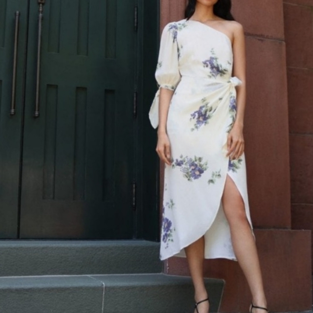 Reformation White and Purple One-Shoulder Dress